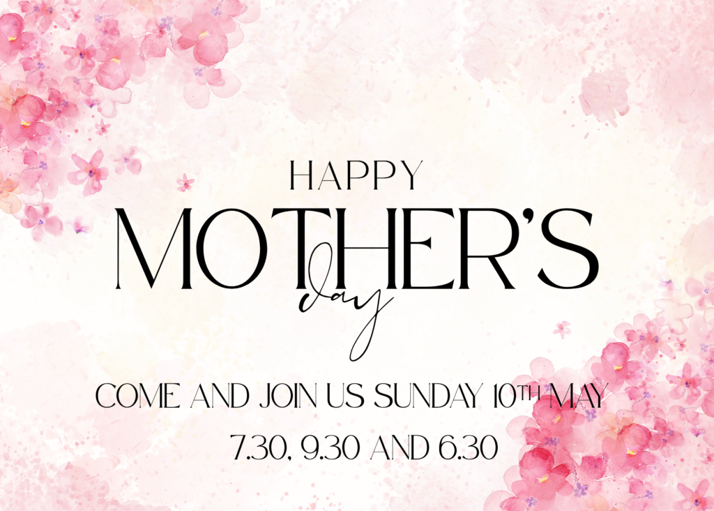 Light pink watercolours on a greeting card which reads Happy Mother's Day. Come and join us Sunday 10th